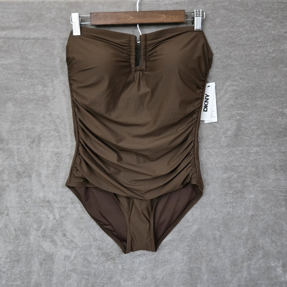 DKNY One Piece Swimsuit Brown Ruched Strapless Resort Beach Tummy Control XL NWT